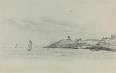 Coastal Landscape with Shipping, Windmill in Distance, c. 1858