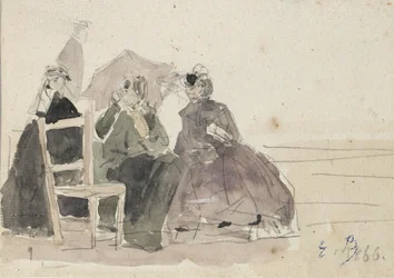 Three Women Seated on Chairs on a Beach, late 19th century