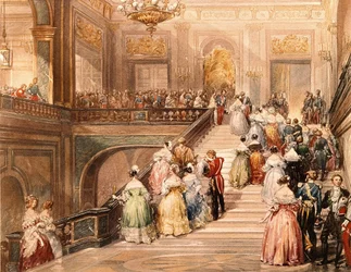 King Louis Philippe I (1773 - 1850) and Queen Marie Amélie de Bourbon (1782 - 1866) received the guests on the occasion of the inauguration of the Museum of Versailles in 1837. Illustration by Eugène Lami (1800 - 1890)