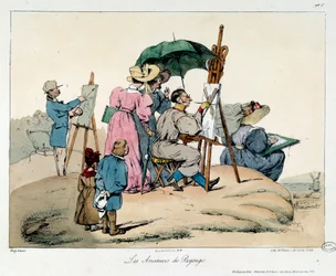 Landscape Lovers. Presented Painters Regroups to Paint a Maritime Landscape. Illustration of the Book La Vie de Chateau