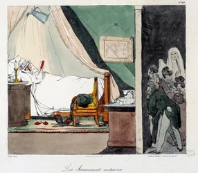 Night Fun. Children Are Afraid to Scare a Person Reading in Bed. Illustration of the Book La vie de chateau