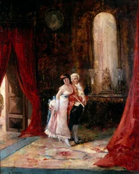 Confidence. A Young Elegant Woman with a Valet Advances with a Look of Curiosity and Anxiety. Painting by Eugenio Lucas Villamil (1858-1918).