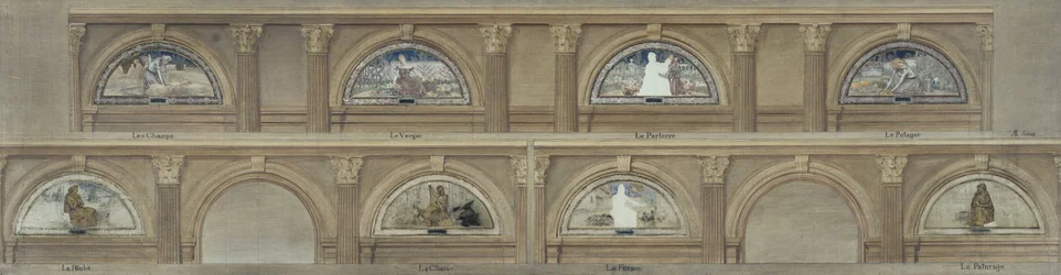 Sketch for the dining room of the Hôtel de Ville de Paris: The Fields. The Orchard. The Flowerbed. The Vegetable Garden. Fishing. Hunting. The Farm. The Pasture, circa 1891