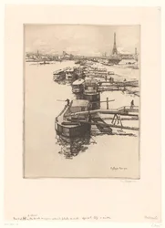 Quay with Omnibus Boats in Paris with the Eiffel Tower in the Background