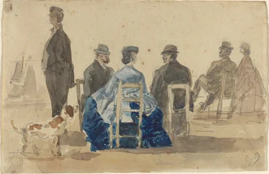 Ladies and Gentlemen Seated on the Beach with a Dog