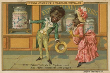 Cartoon Africans Look at Liebig Meat Extract in Shop Window