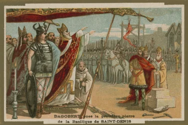 Dagobert I laying the first stone of the Basilica of St Denis, France, 7th Century