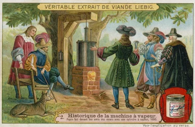 Denis Papin conducting trials of his piston steam engine in front of his friends, Marburg, Germany, 1690