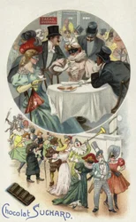 Enjoying Suchard chocolate at a masked ball