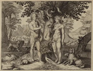 Eve tempted by the serpent to eat the fruit of the Tree of Knowledge
