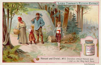 Hansel and Gretel: Hansel leaving a trail of pebbles to find the way home