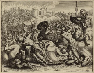 Joshua and the Israelites Conquering and Burning the City of Ai (engraving)