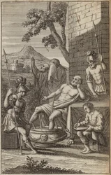 Man bathing and thinking, possibly Archimedes?