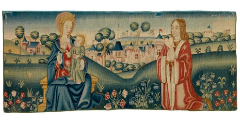 Tapestry fragment of mille fleurs depicting Saint Benedict presenting his heart to the Virgin Mary
