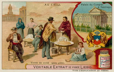 The Palace of Congress in Santiago and A Street Stall Selling Mote (Cooked Grain)