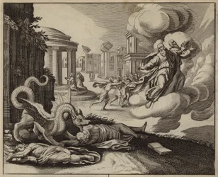 The beast from the abyss killing the two witnesses before they are called up to Heaven