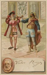 Victor Hugo, French Author, and a Scene from His Play Hernani (1830)