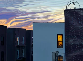 Apartment Buildings and Glowing Windows with Dramatic Sky and Clouds at Dusk on Summer Twilight