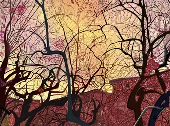 Orange Sky, Buildings and Trees In Spring