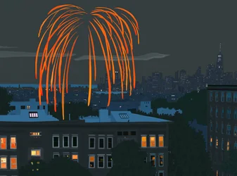 View of New York Harbor and Skyline with Fireworks Seen from Brooklyn