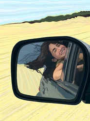 Young Woman Seen Smiling in Sideview Mirror of Car Driving On Beach