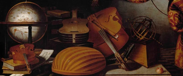 Still Life with Musical Instruments, Globe and Armillary Sphere, Detail, 17th century.