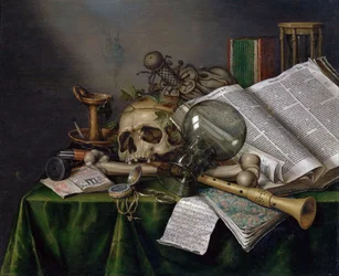 Vanitas - Still Life with Books, Manuscripts and a Skull