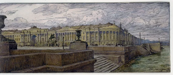 The Senate Place in St Petersburg. Description of the Buildings on the Bank of the Neva. Work by Evgeny Evgenyevich Lanceray (Eugene Lansere) (1875-1946), lithograph