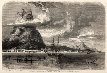 Rade and peak of the island of Borabora (drawing by Evremond Auguste de Berard, to illustrate the journey of a naturalist in the Galapagos archipelago and the coral islands, in 1858 by Charles Darwin)