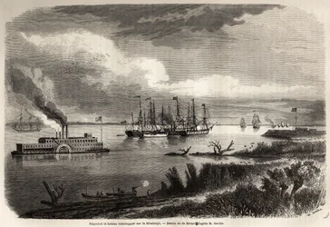 Ship and tug boat on the Mississippi, drawing by Evremond Auguste de Berard, to illustrate the voyage to New Orleans in 1855 by Elysee Reclus. Engraving in Le tour du monde, nouveau journal des voyages