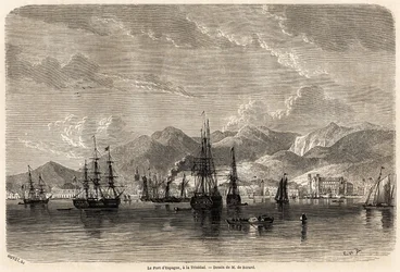 The port of Spain, in Trinidad (Trinidad and Tobago), drawing by Evremond Auguste de Berard, to illustrate the voyages to the West Indies, in 1858-1859, by Anthony Trollope. Engraving in "Le tour du monde, nouveau journal des voyages"