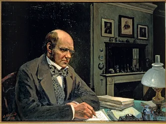 Charles Darwin, British naturalist and evolutionary scientist, working in his study room