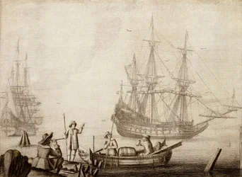Men in a boat near two Dutch ships