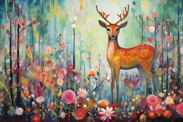 A Deer in Nature and Flowers