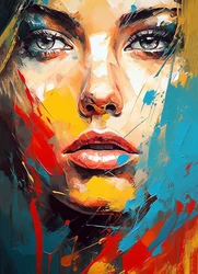 Beautiful woman face portrait drawing, blue eyes, expressionism style
