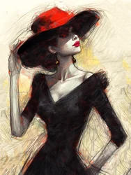 Fashion woman with a red hat, abstract painting