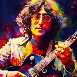 John Lennon portrait musician playing guitar, 70s music