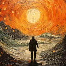 Surreal Scene, a Man in the Sea Waves, Vincent van Gogh Impressionist Style