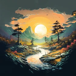 Fantasy Mountains Sunset Landscape Nature Digital Drawing