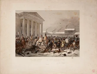 Retreating French army in the Town Hall Square of Vilna, engraved by Victor Adam and Louis Pierre Alphonse Bichebois, 1812