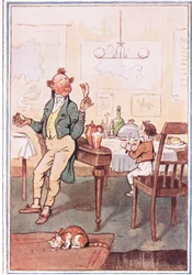 He took a chop by the bone in one hand and a potato in the other, illustration from David Copperfield, 1914