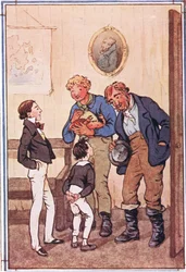Mr. Peggotty took two prodigious lobsters and an enormous crab and a large canvas bag of shrimps out of his pockets, illustration from David Copperfield, 1914