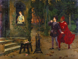 The meeting with Marguerite. Mephisto (Mephistopheles). Illustration of "Faust"