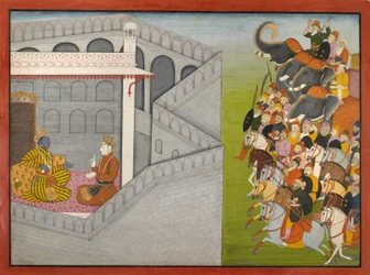 The Siege of Mathura by Jarasandha from the Series Guler-Basholi "Bhagavata Purana"