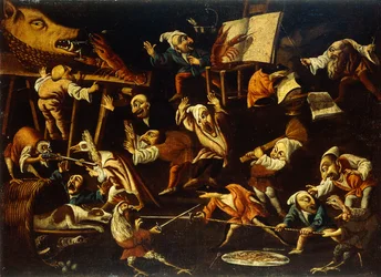 Imaginary Animals and Dwarfs Fighting, Drinking and Carousing