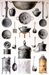Reproduction of cooking utensils, from The Houses and Monuments of Pompeii, by Fausto and Felice Niccolini, Volume IV, Supplement, Plate XVII