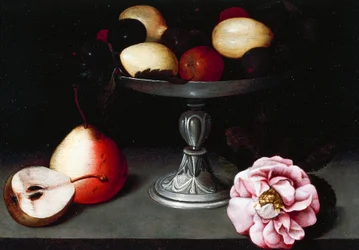 Stand with plums, pears, and a rose