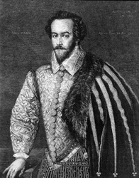 Portrait of Sir Walter Raleigh (1554 - 1618), English navigator, courtier, and writer. Engraving after a painting attributed to Federico Zuccaro (or Zuccari) (1549 - 1609) of 1588