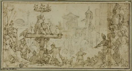 A Pope Receiving a Dignitary in a Public Place (recto) Caricatures of Heads (verso)