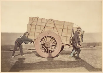 Men Pushing a Wagon
